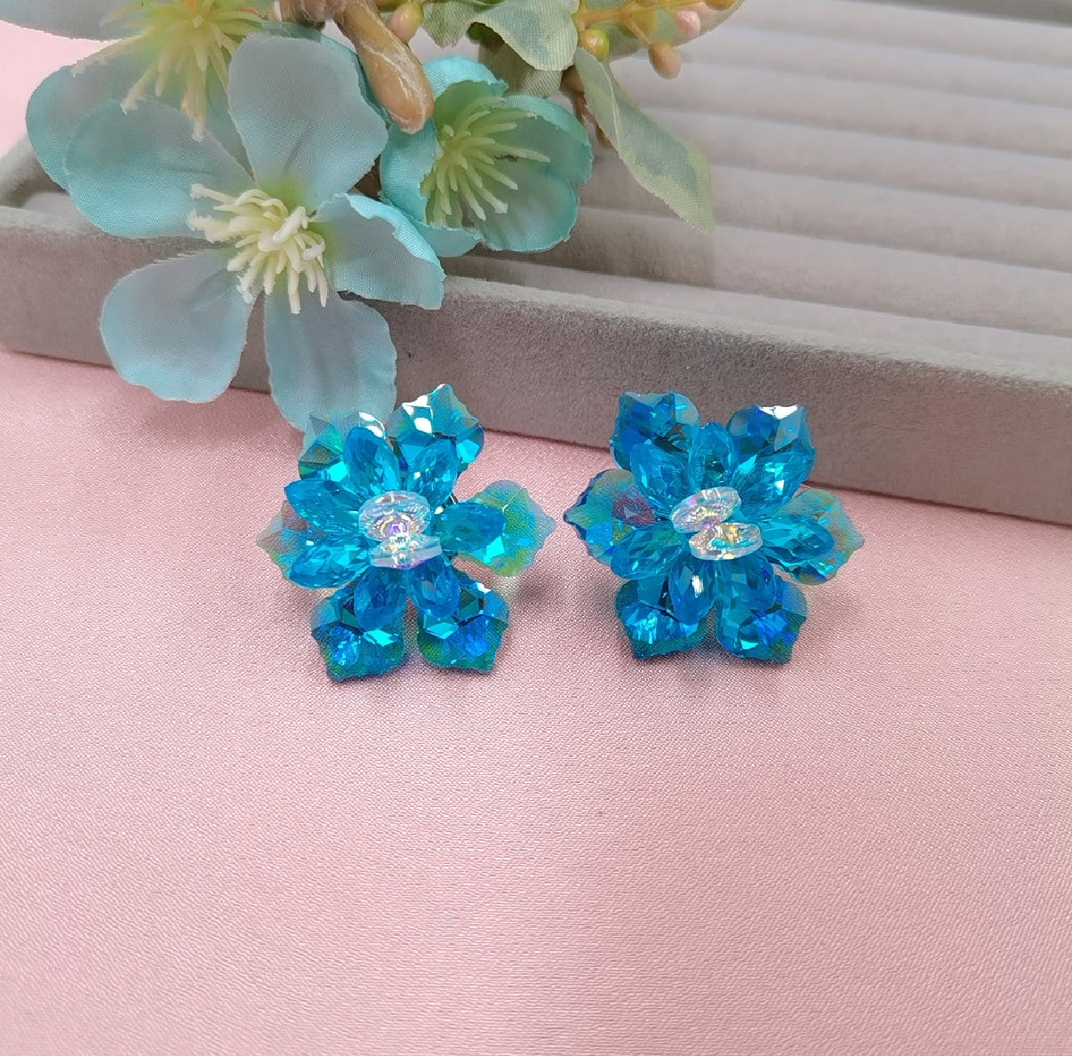 F11 Team Blue Crystal Flower Large Stud Earrings