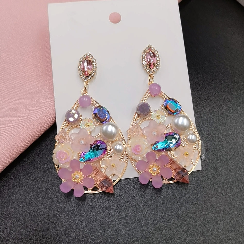 F26 Handmade Flower Teardrop Large Drop Dangle Earrings