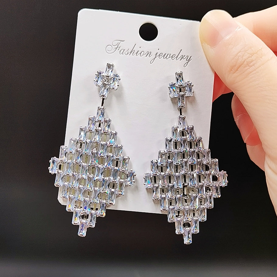Large Diamond Shape Clear Rhinestone Drop Earrings