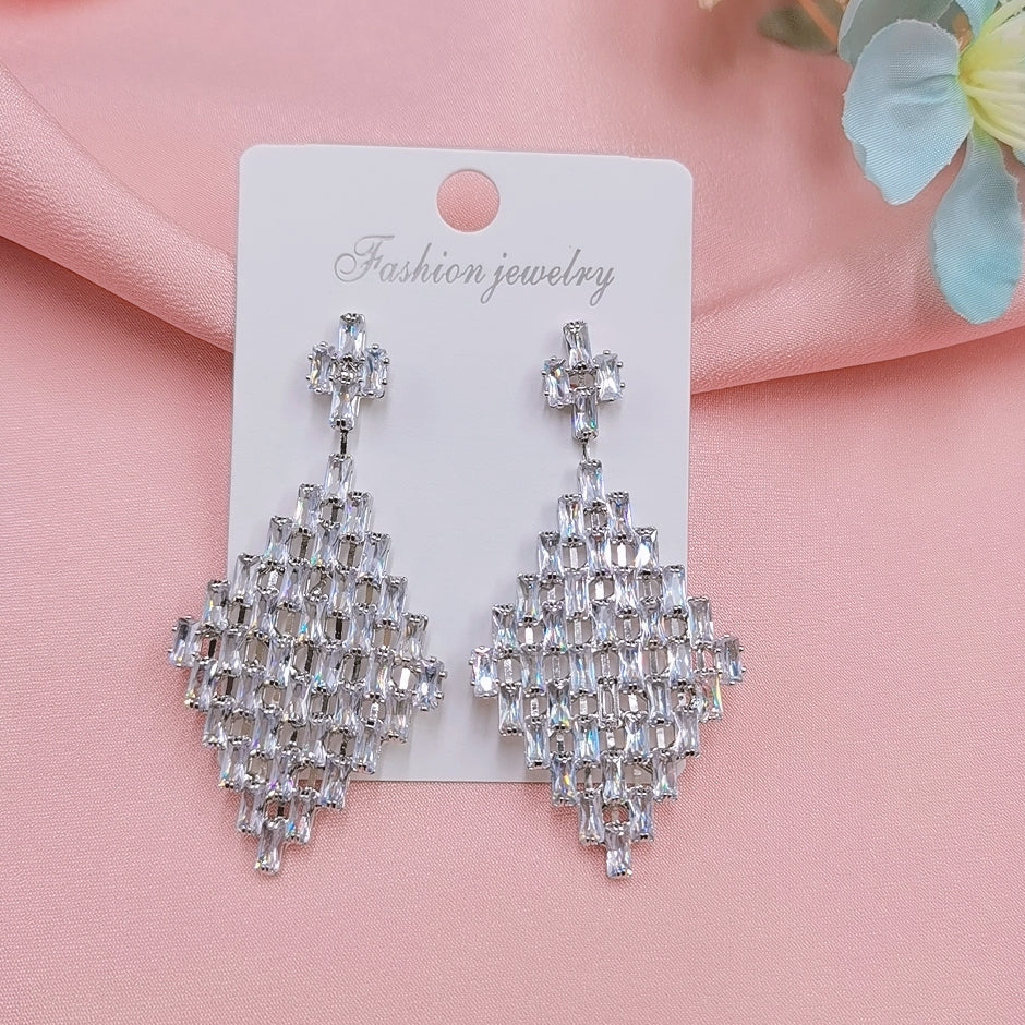 Large Diamond Shape Clear Rhinestone Drop Earrings