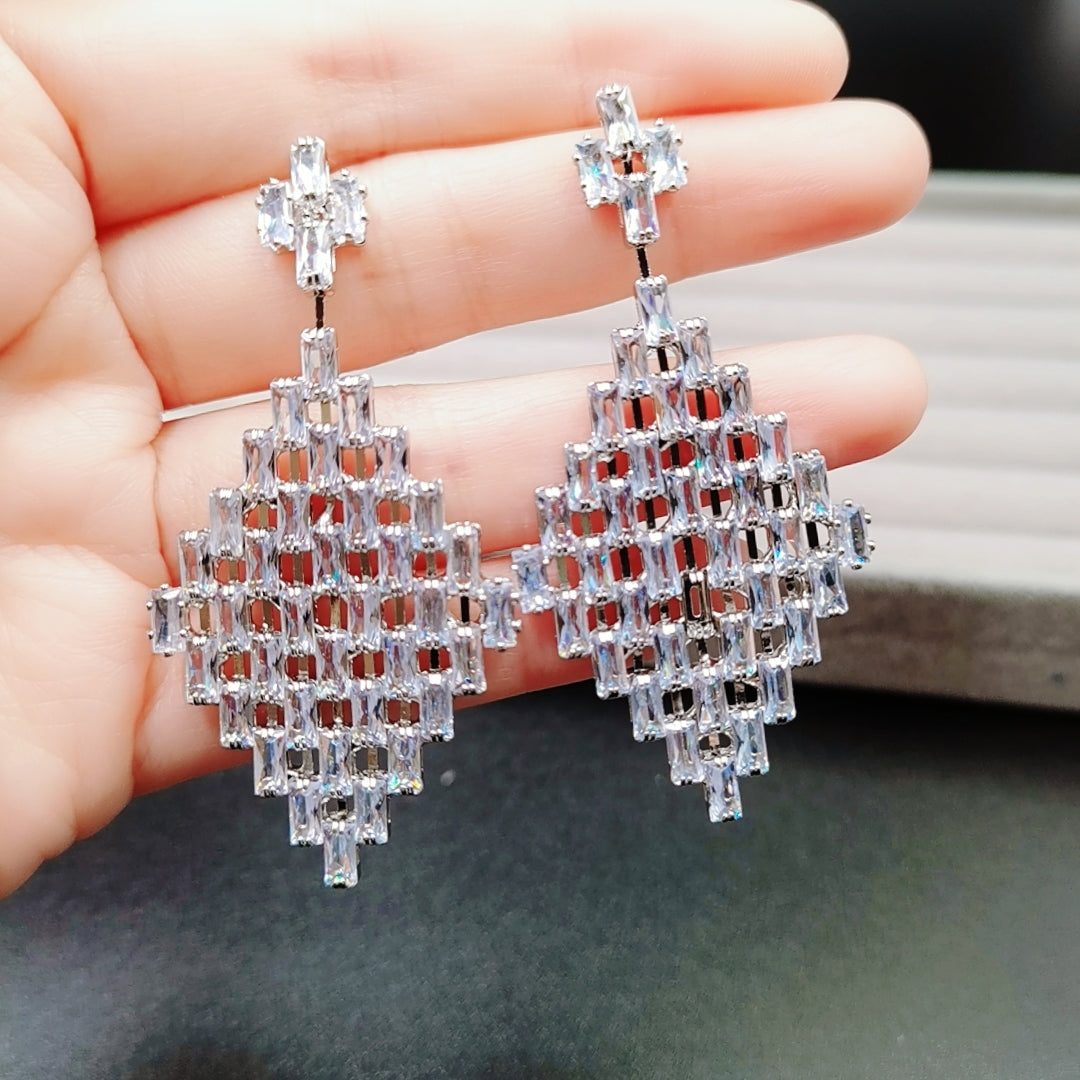 Large Diamond Shape Clear Rhinestone Drop Earrings