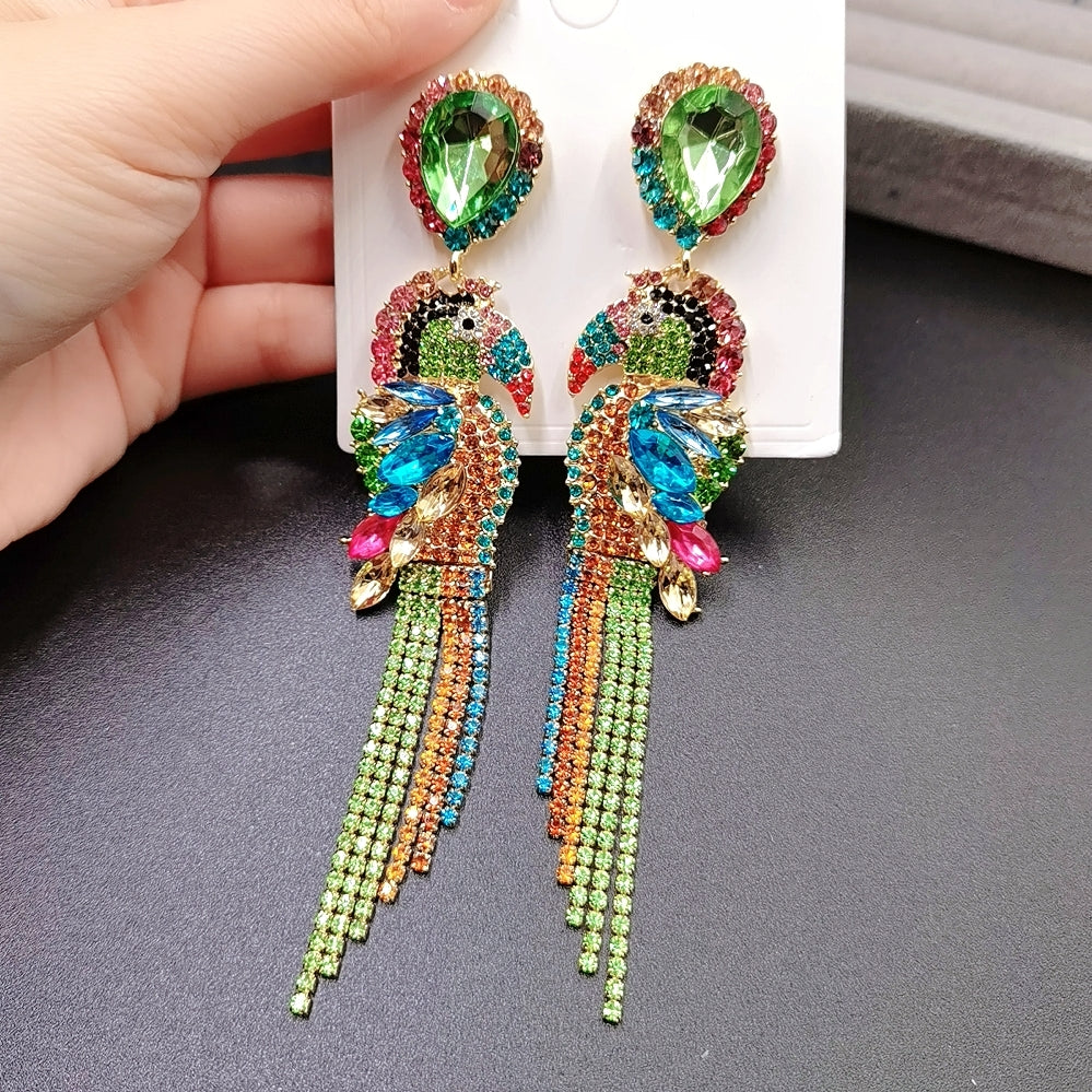 Colorful Toucan Parrot Bird Long Statement Earrings