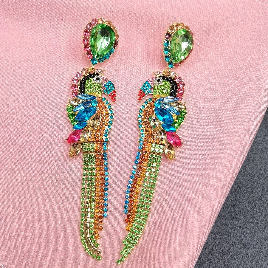 Colorful Toucan Parrot Bird Long Statement Earrings