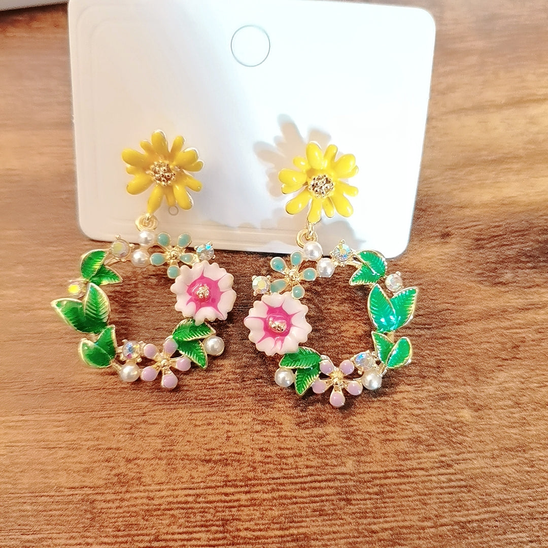 Enamel Flower Wreath Drop Earrings