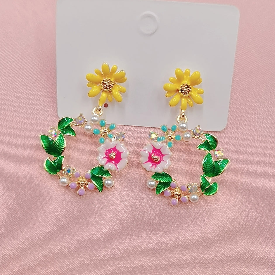 Enamel Flower Wreath Drop Earrings