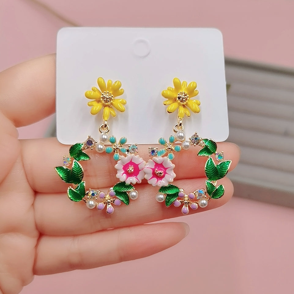 Enamel Flower Wreath Drop Earrings