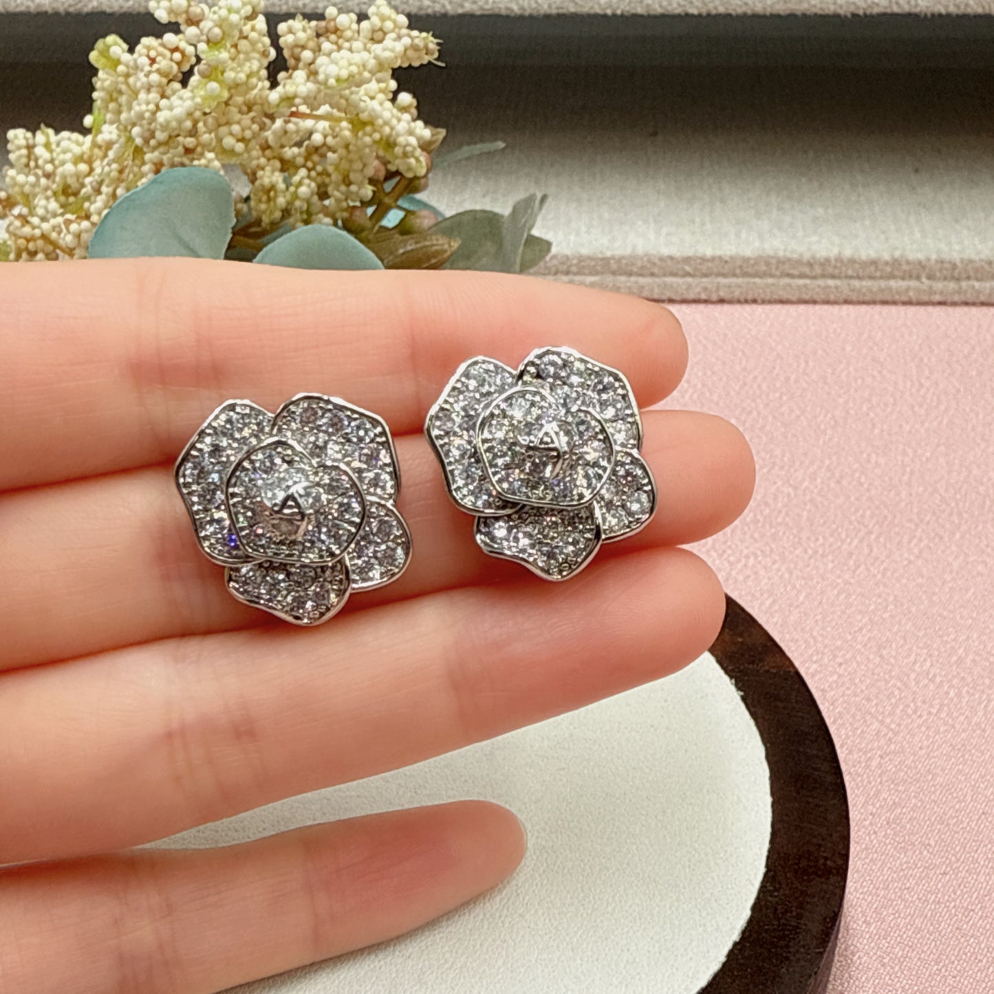 F34 Full CZ Rose Flower Stud Earrings