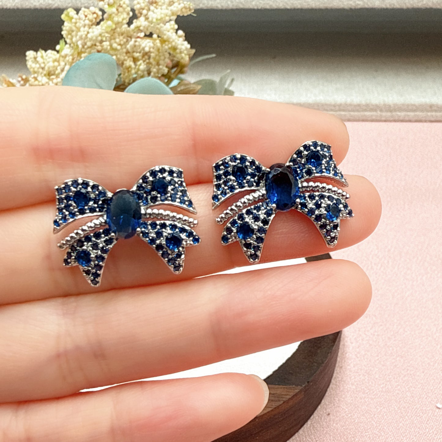 F35 Cute Blue CZ Bow Stud Earrings