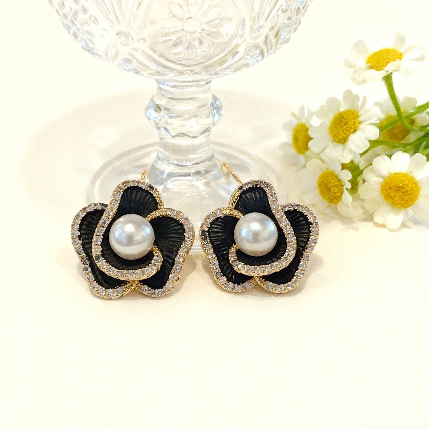 F01 Black Camelia Rose Flower Stud Earrings