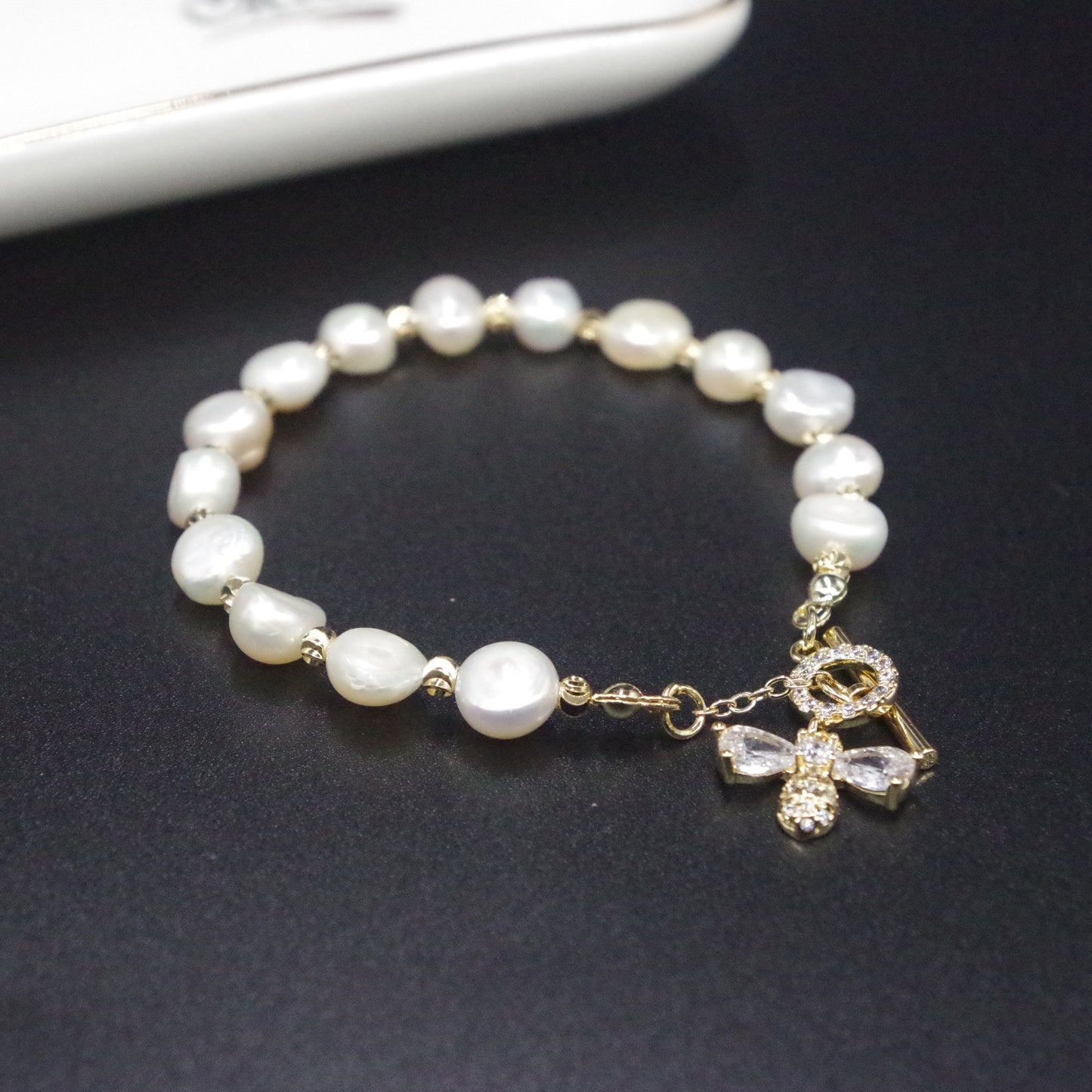 Gold Bee Genuine Pearl Beaded Bracelet