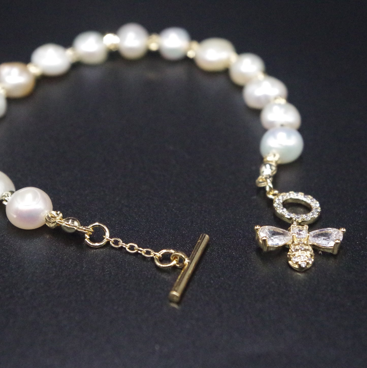 Gold Bee Genuine Pearl Beaded Bracelet