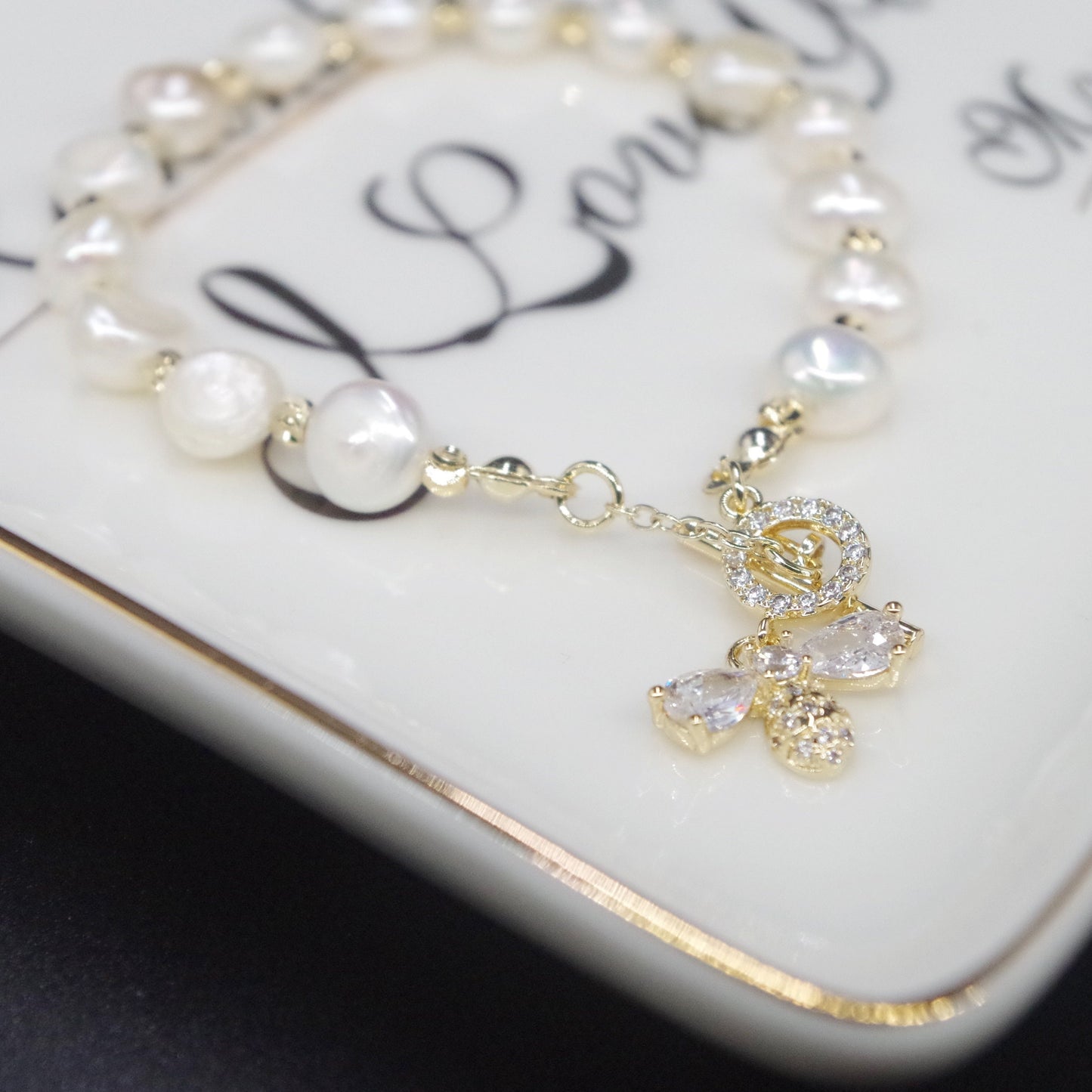Gold Bee Genuine Pearl Beaded Bracelet