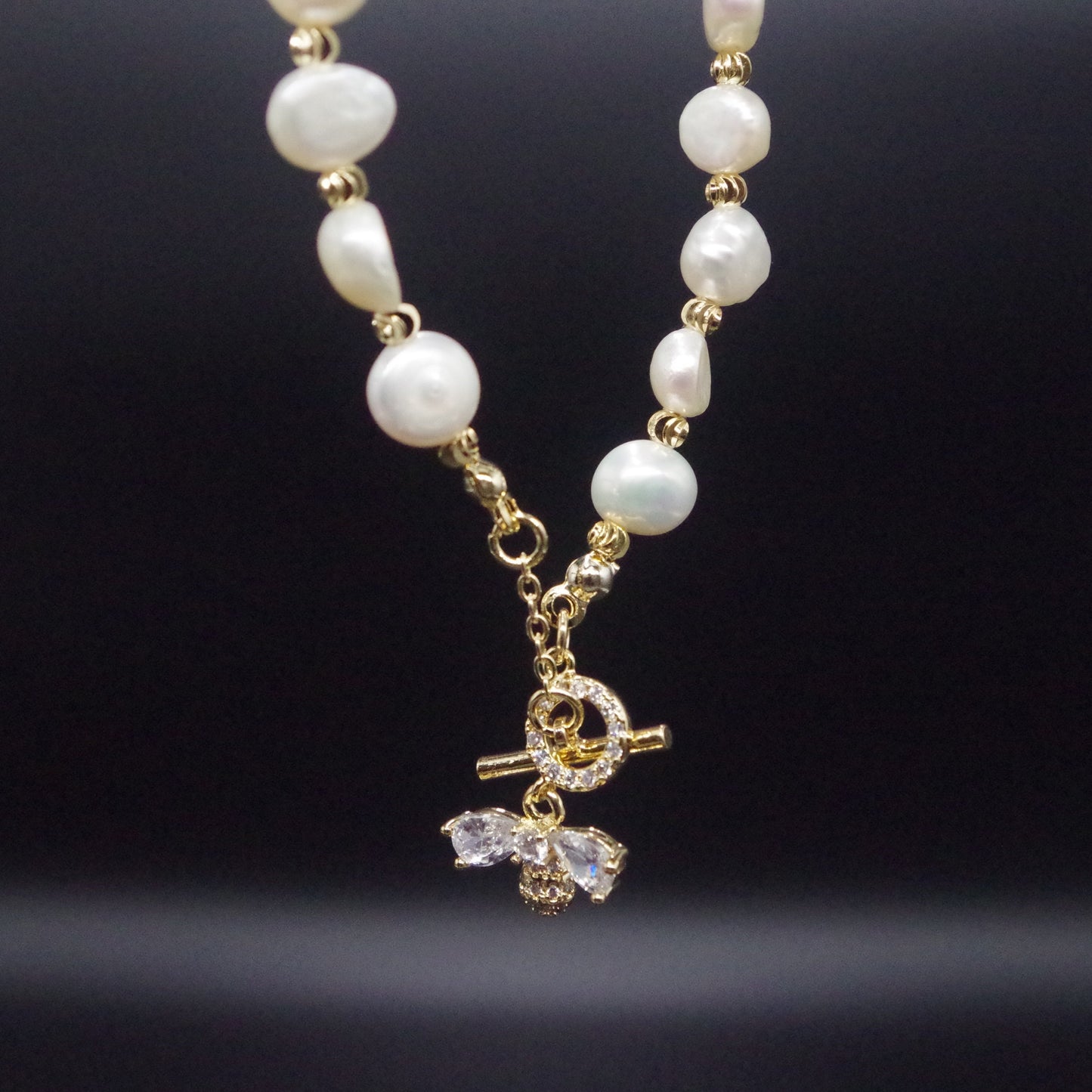 Gold Bee Genuine Pearl Beaded Bracelet