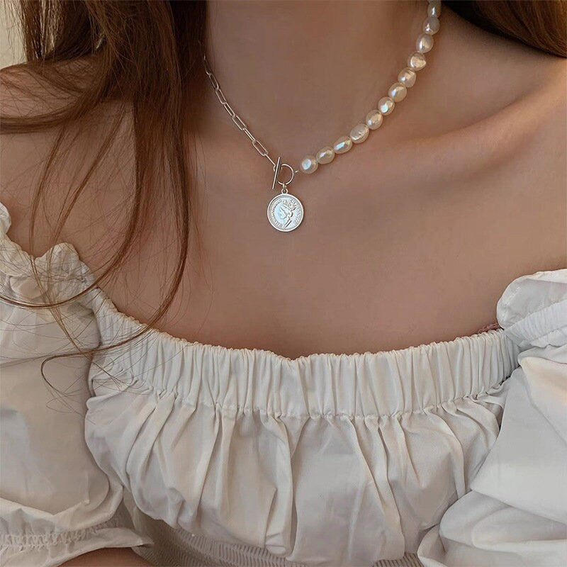 Genuine Pearl Coin Chain Necklace