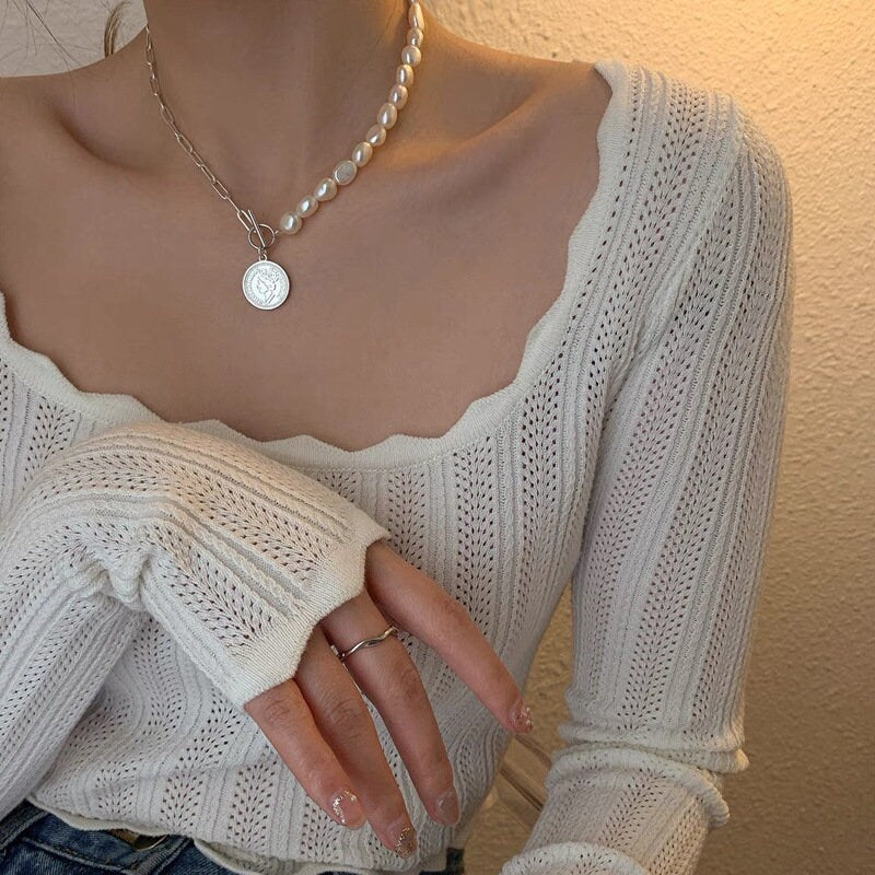 Genuine Pearl Coin Chain Necklace