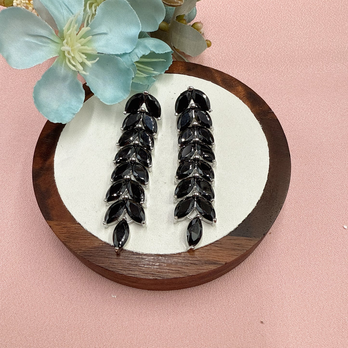 F30 Large Long Black Wheat Drop Earrings White Gold Tone