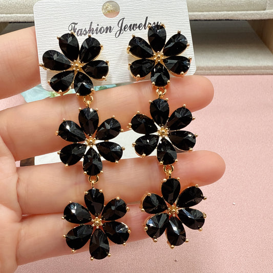 F36 Black Triple Flower Long Drop Earrings