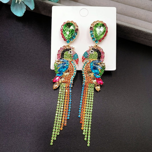 Colorful Toucan Parrot Bird Long Statement Earrings