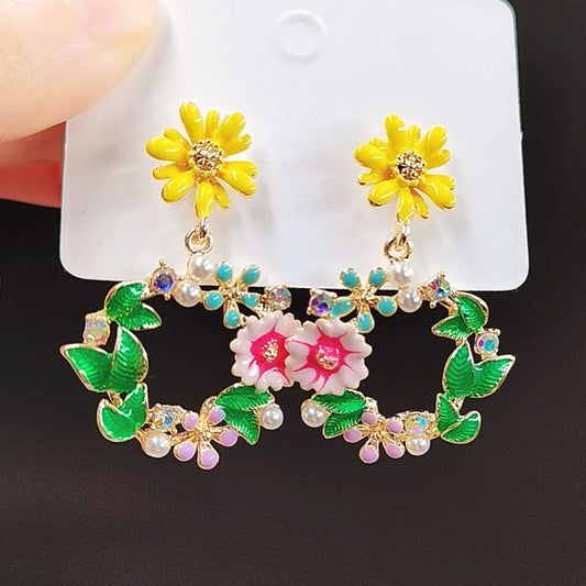 Enamel Flower Wreath Drop Earrings