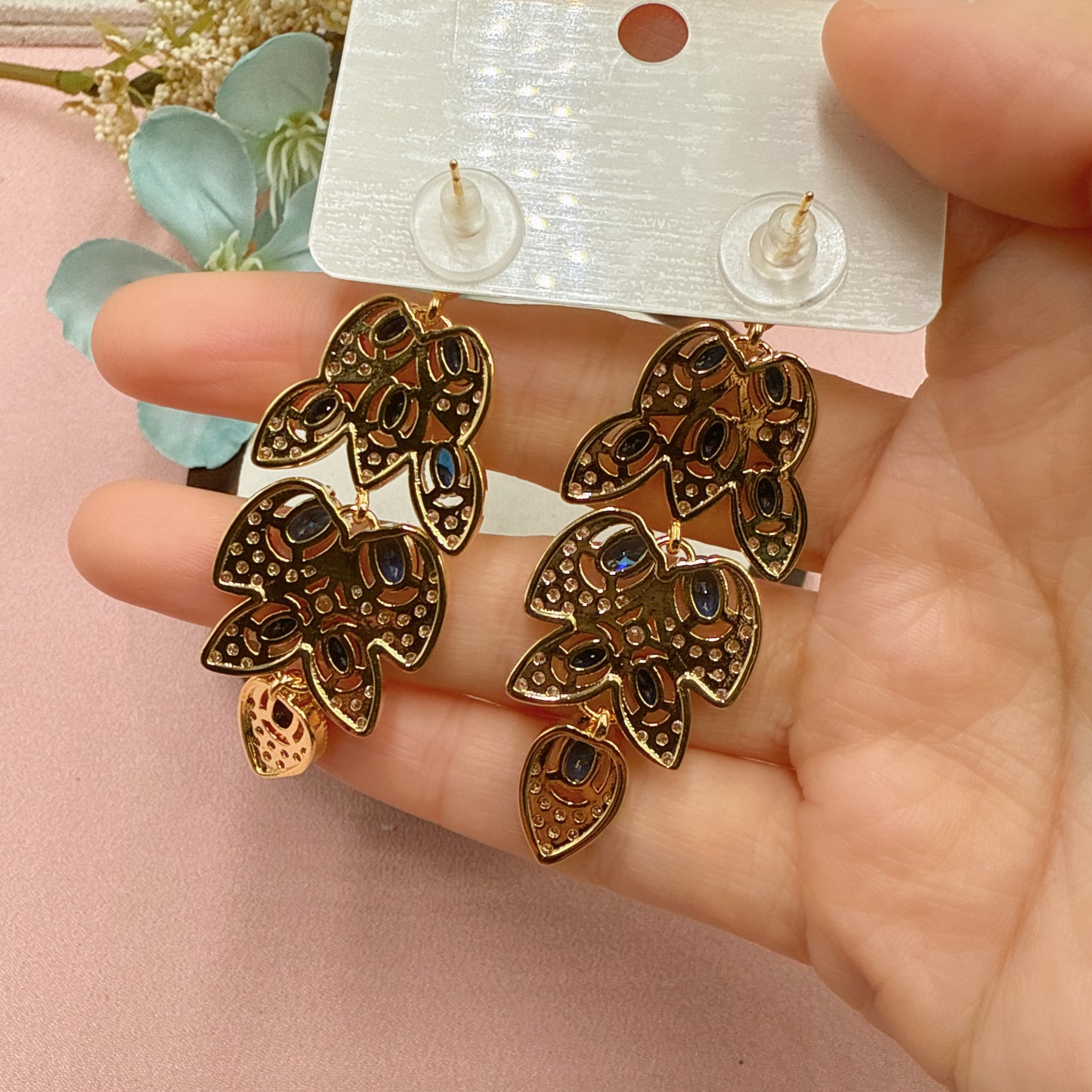 F32 High End Blue CZ Long Drop Earrings