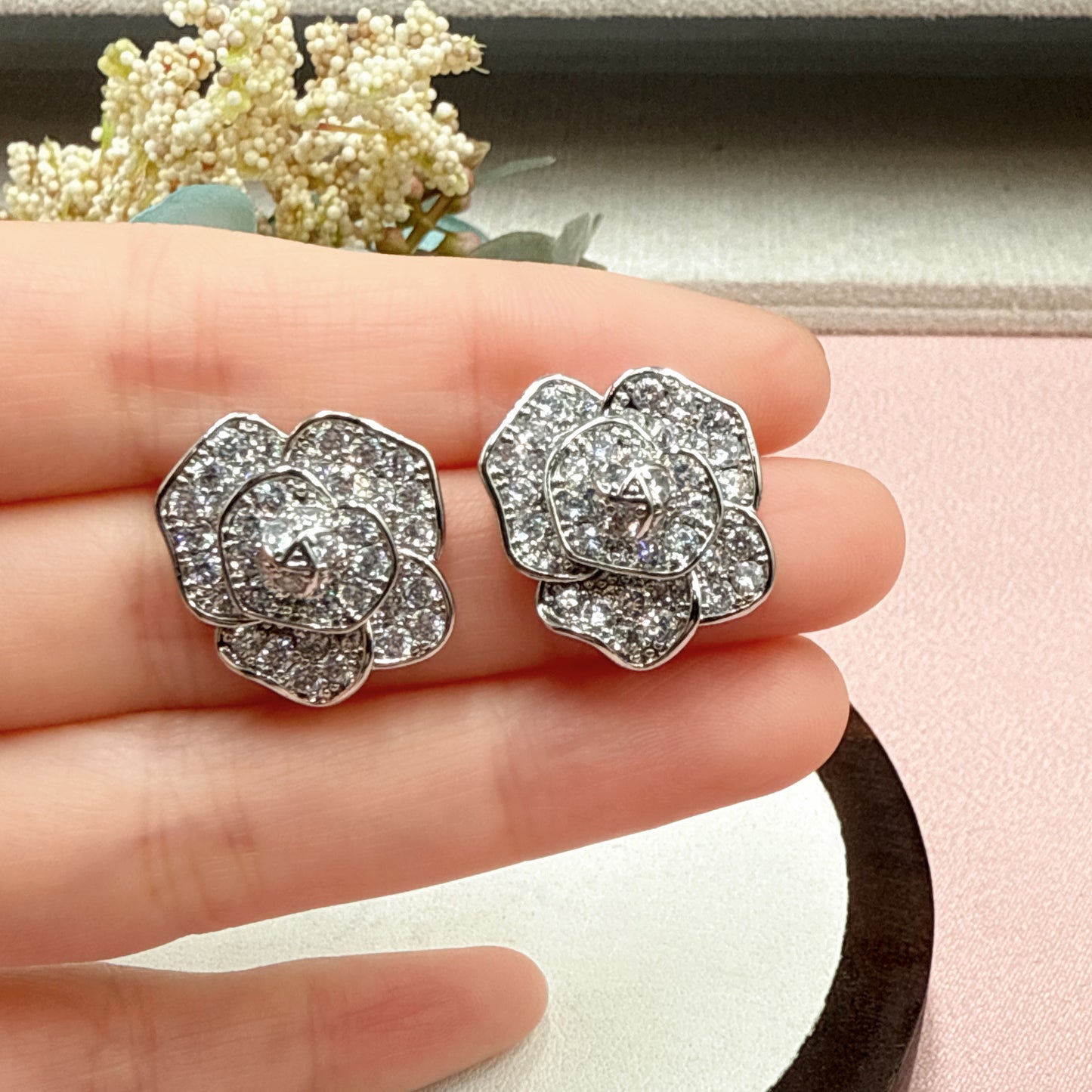 F34 Full CZ Rose Flower Stud Earrings