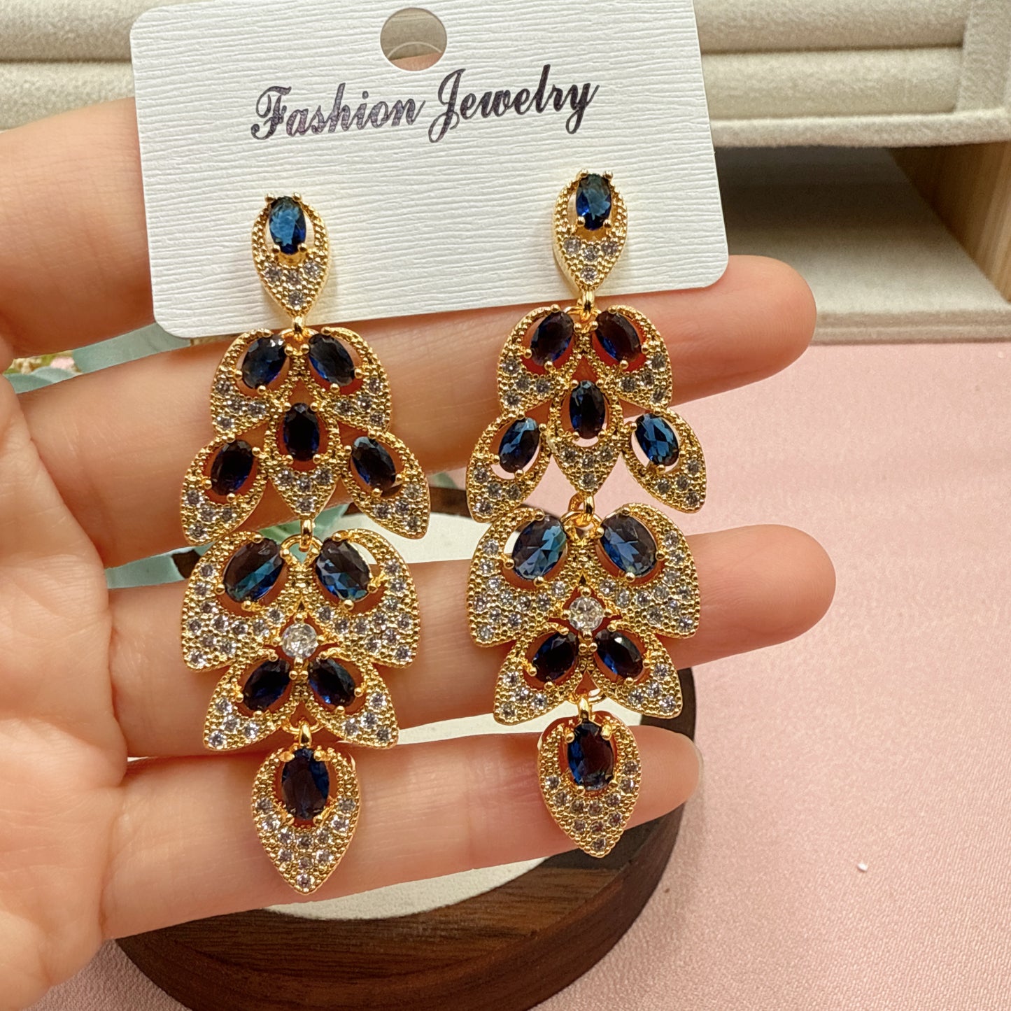 F32 High End Blue CZ Long Drop Earrings