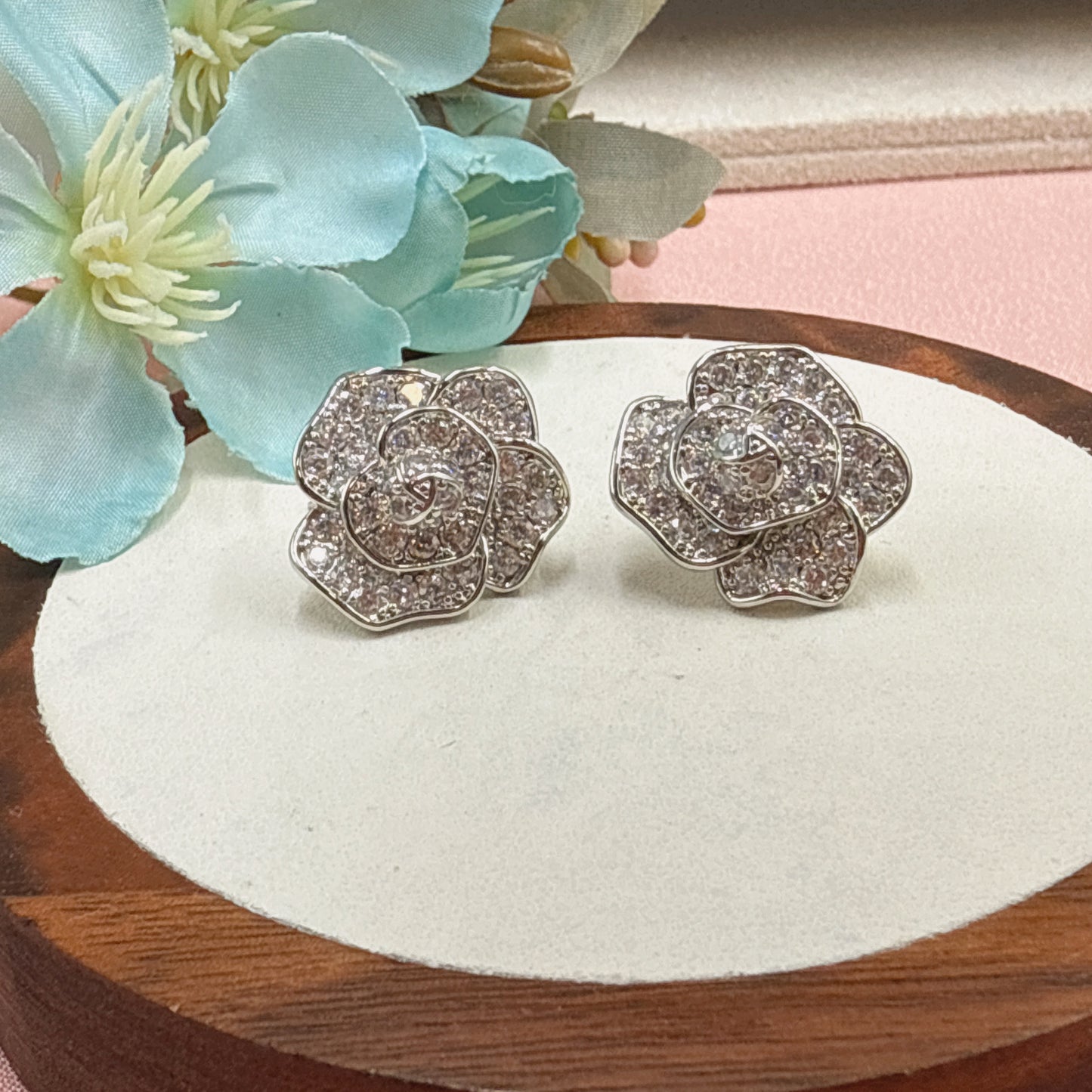 F34 Full CZ Rose Flower Stud Earrings