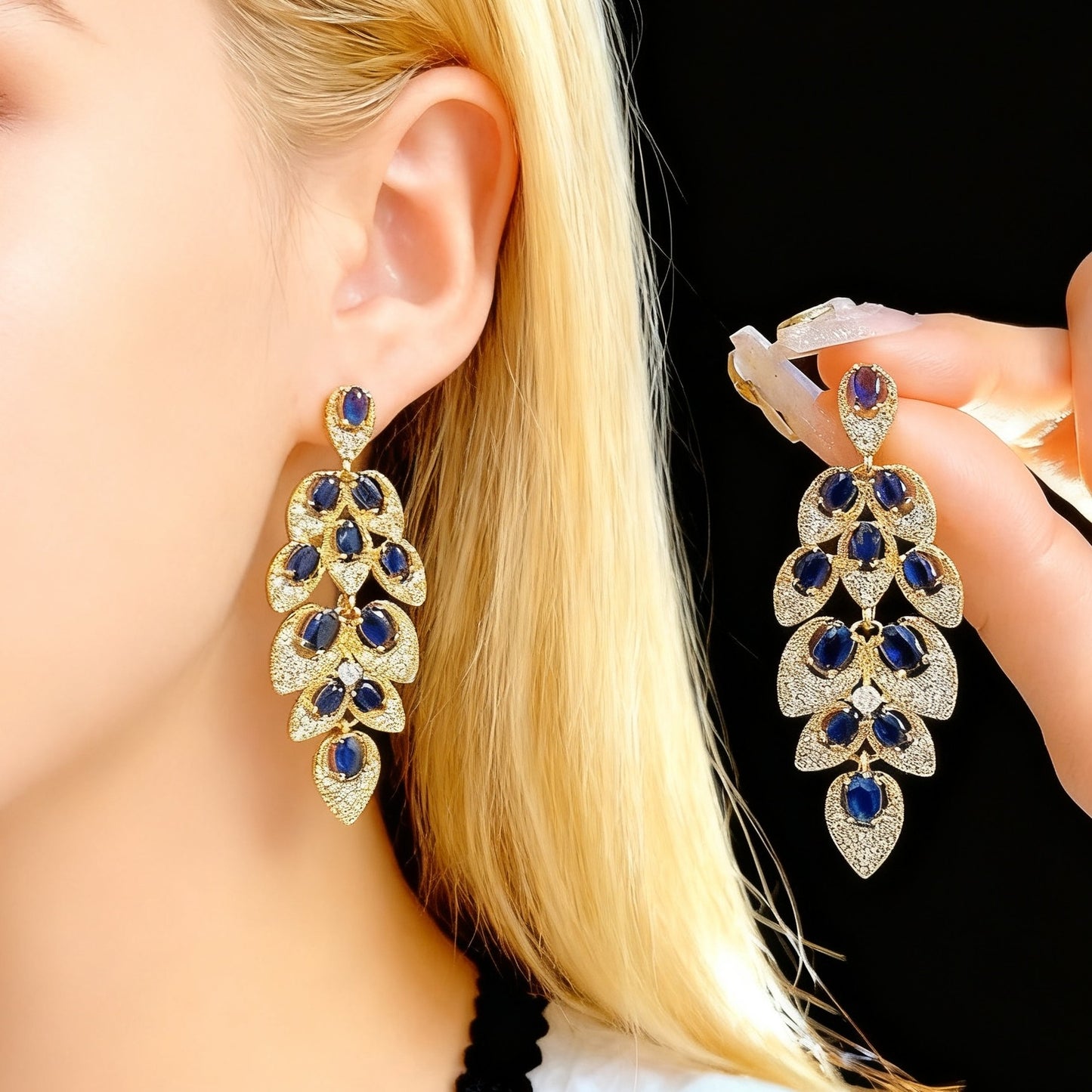 F32 High End Blue CZ Long Drop Earrings