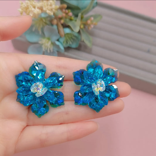 F11 Team Blue Crystal Flower Large Stud Earrings