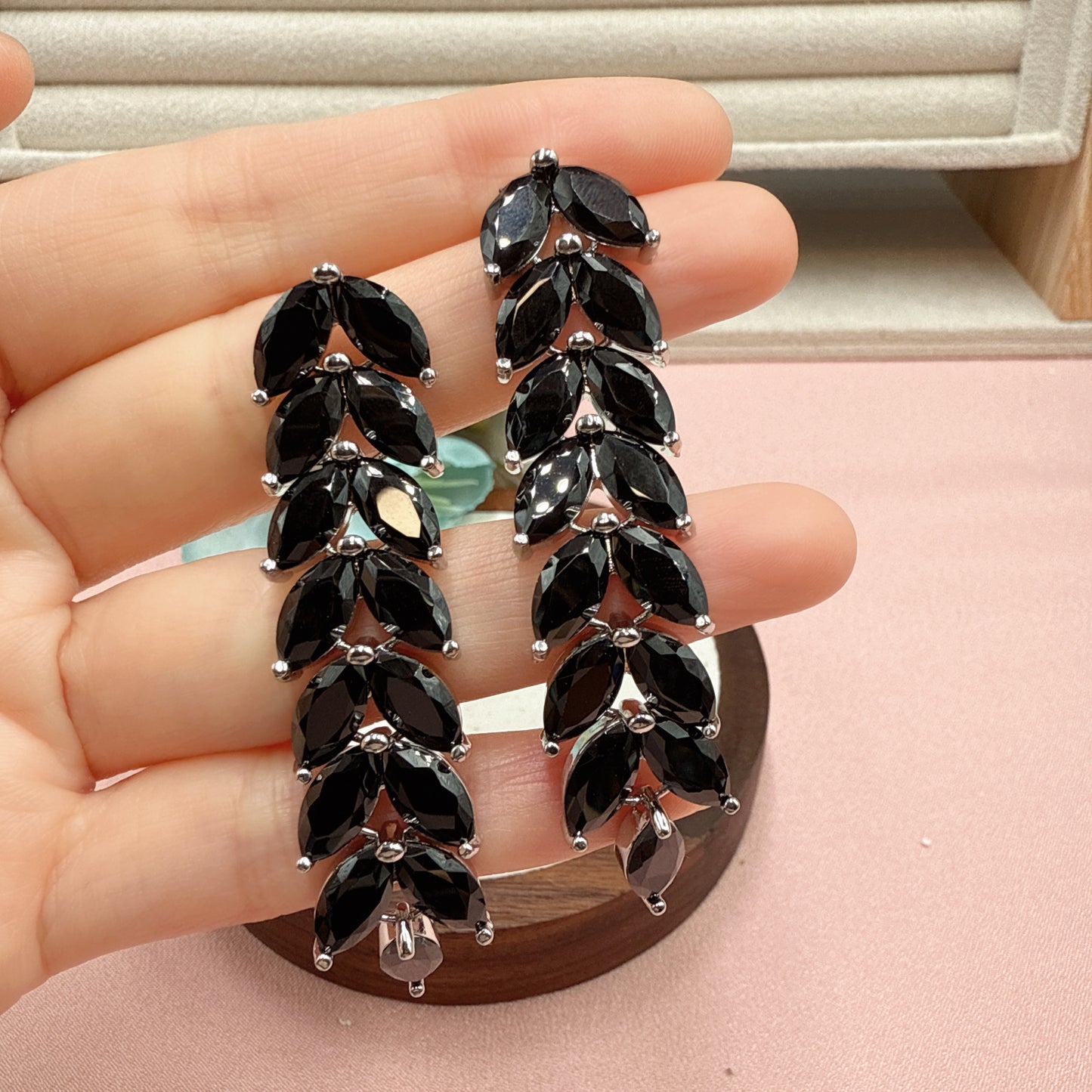 F30 Large Long Black Wheat Drop Earrings White Gold Tone