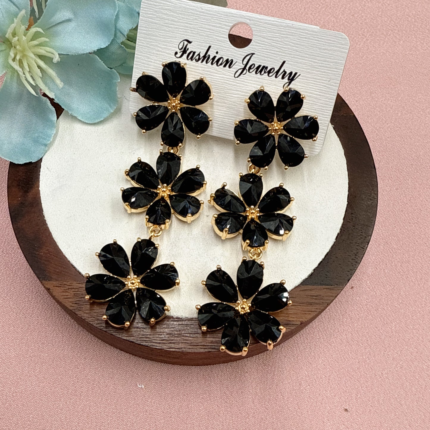 F36 Black Triple Flower Long Drop Earrings