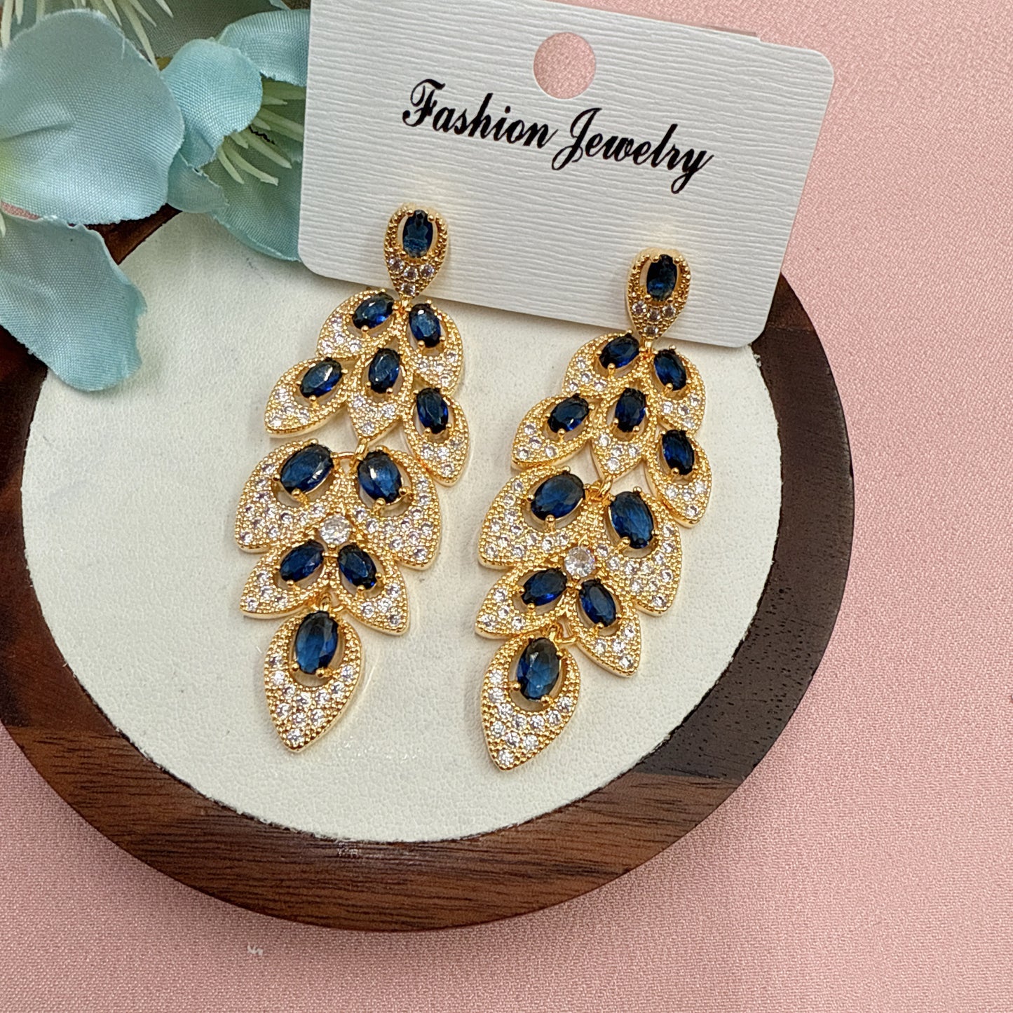 F32 High End Blue CZ Long Drop Earrings