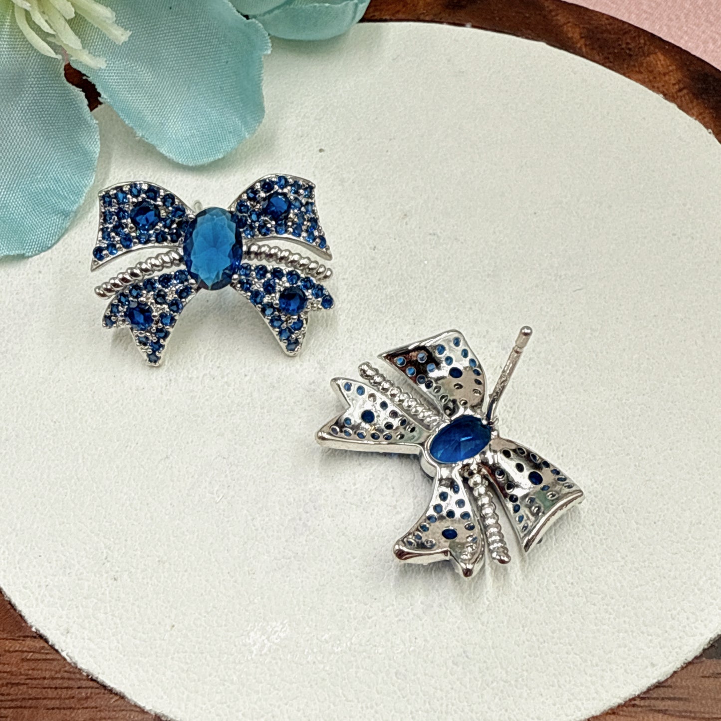 F35 Cute Blue CZ Bow Stud Earrings