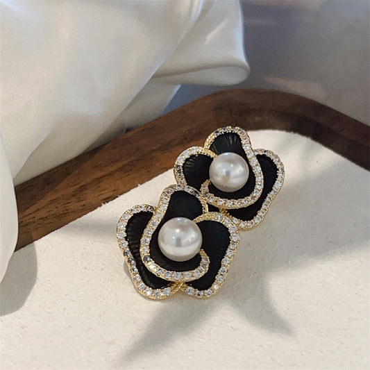 F01 Black Camelia Rose Flower Stud Earrings