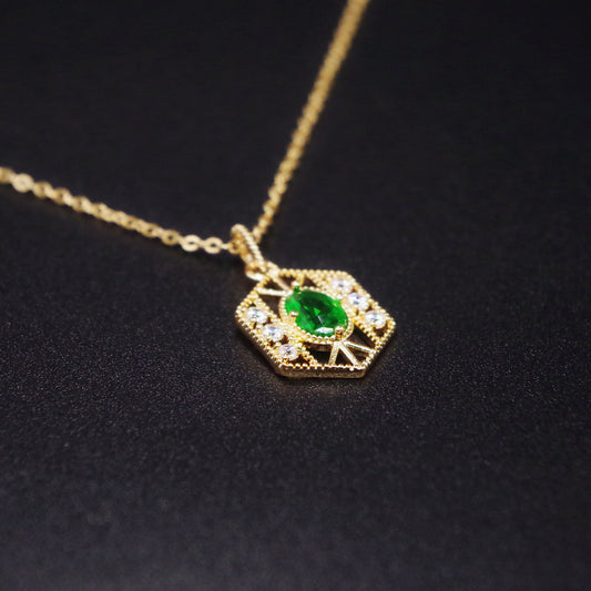 Gold Clavicle Emerald  Green Necklace