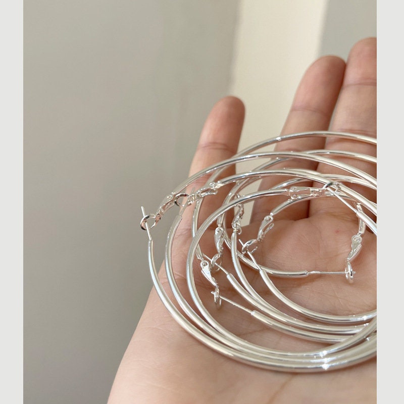 Silver Tone Large Hoop Earrings 50/60/70mm